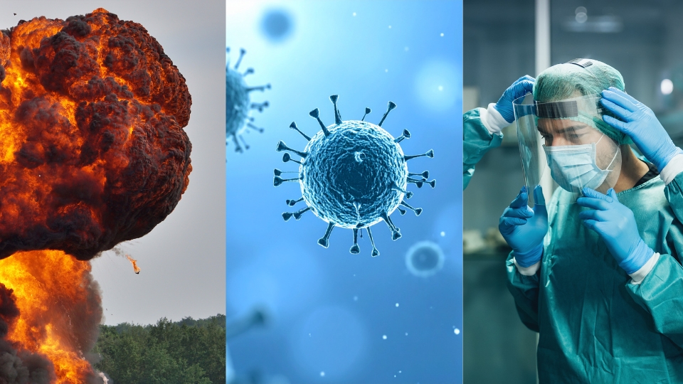 Una imagen dividida en 3 en la que se muestra el hongo de una explosión, un virus y un científico protegiéndose 