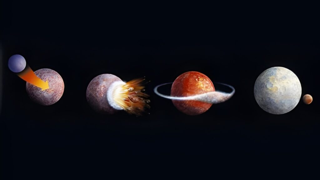 Fases de formación de la Luna, en la primera un gran asteroide impacta contra una Tierra en formación, en la segunda se realiza el impacto, en la tercera se juntan los fragmentos y en la cuarta y última se ve la Tierra y la Luna