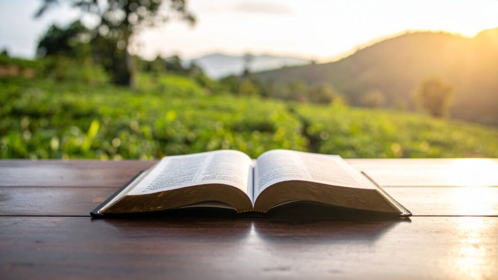 Libro abierto en el campo sobre una mesa, que conecta la contemplación con la razón