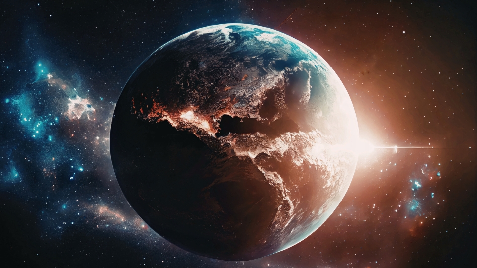El planeta Tierra en fases de formación suspendido en medio de un espacio con galaxias 