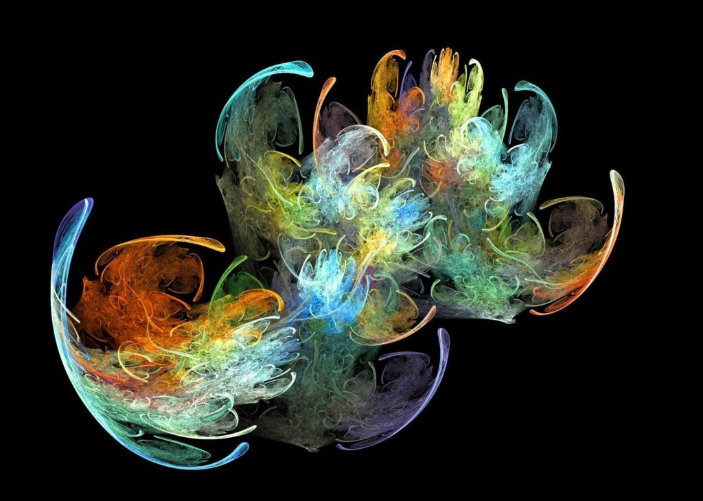 Fractal representado con colores diversos hechos con acuarela simulando el desarrollo de campos mórficos