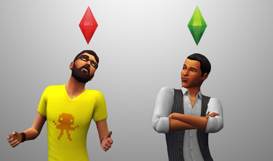 Una representación de dos personajes del juego Los Sims en el que parecen actuar como personas pero siguen teniendo el logo del juego sobre sus cabezas