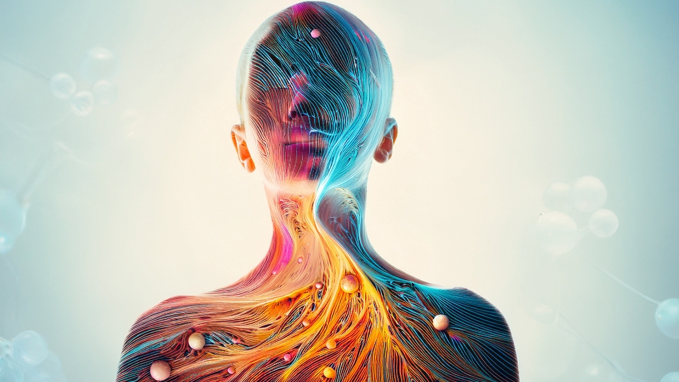 Figura humana de diversos colores con planetas por el cuerpo simulando la conexión universal