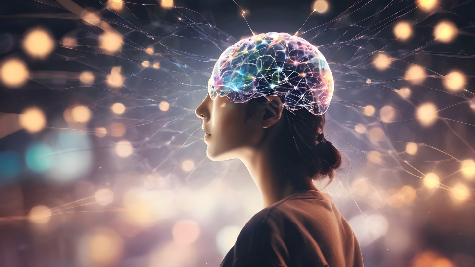 Una mujer con un cerebro superpuesto simulando conexiones neuronales que cruzan la frontera del craneo