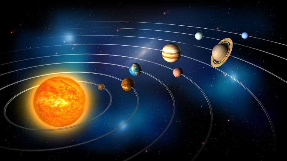 El Sistema Solar representado con el Sol a la izquierda y el resto de planetas distribuidos en función de la distancia de sus órbitas
